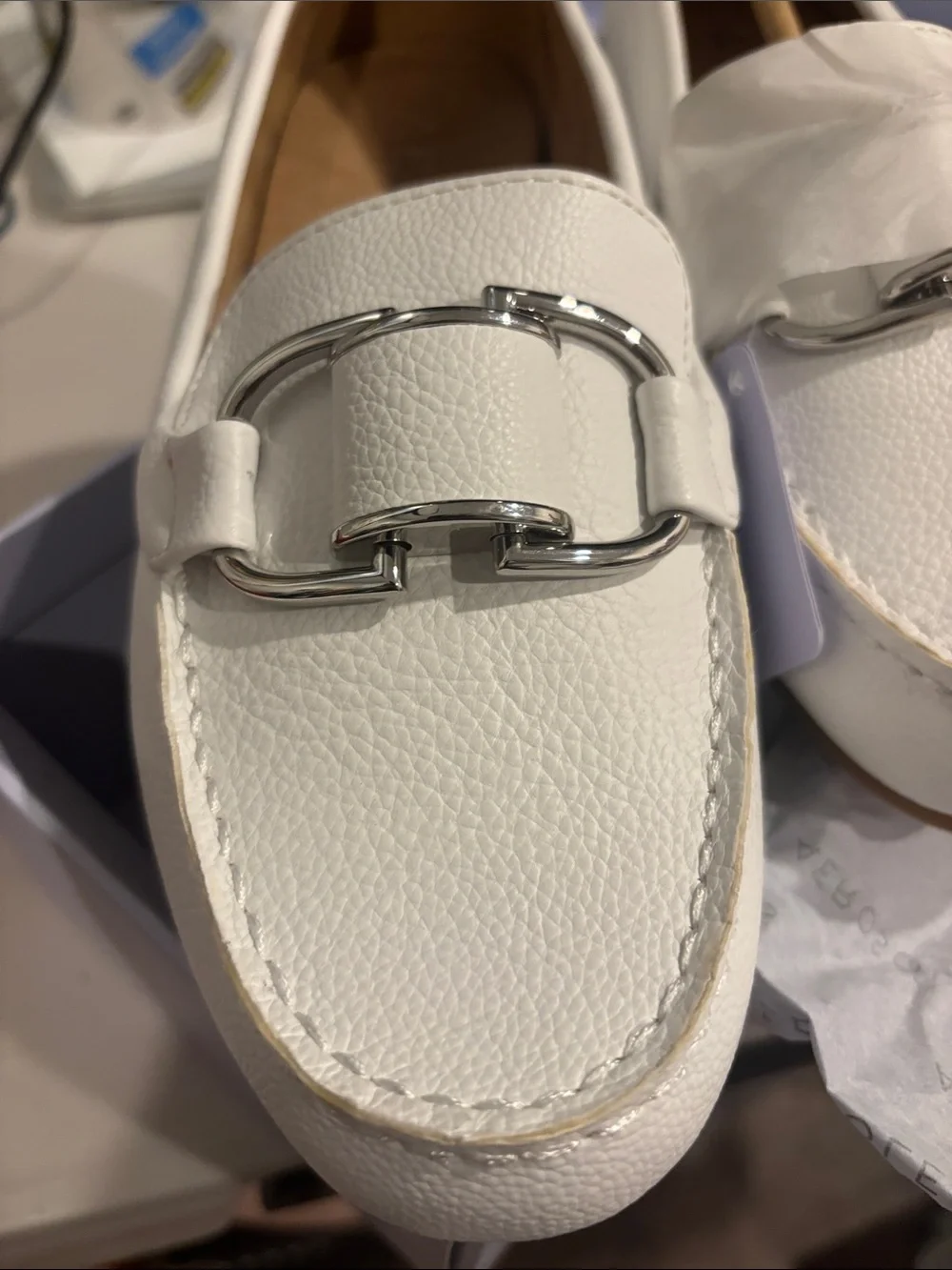 AEROSOLES White Pebbled Leather Slip-On Loafers with Silver Hardware
